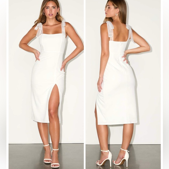 Lulus Dresses & Skirts - Lulus Romantic Celebration White Tie-Strap Bodycon Midi Dress Size Small Bridal